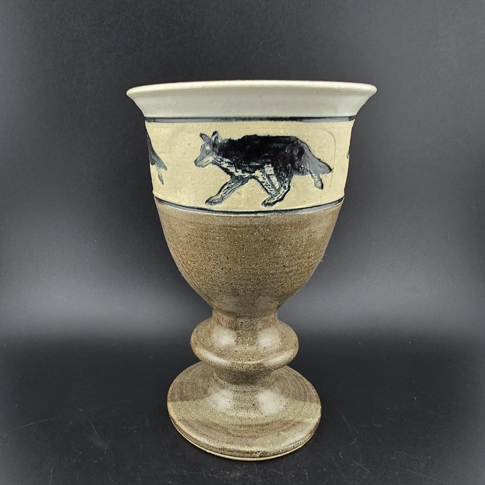 Fishman Art Pottery Mug Goblet Gray Wolf Artist Signed 5.75" tall Handmade